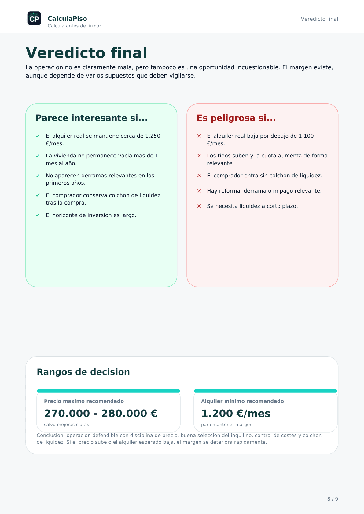Preview del veredicto final del Informe Premium CalculaPiso